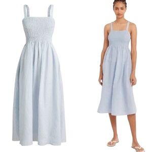 NWT J. Crew Smocked Blue White Linen Cotton Blend Smocked Beach Midi Dress - M